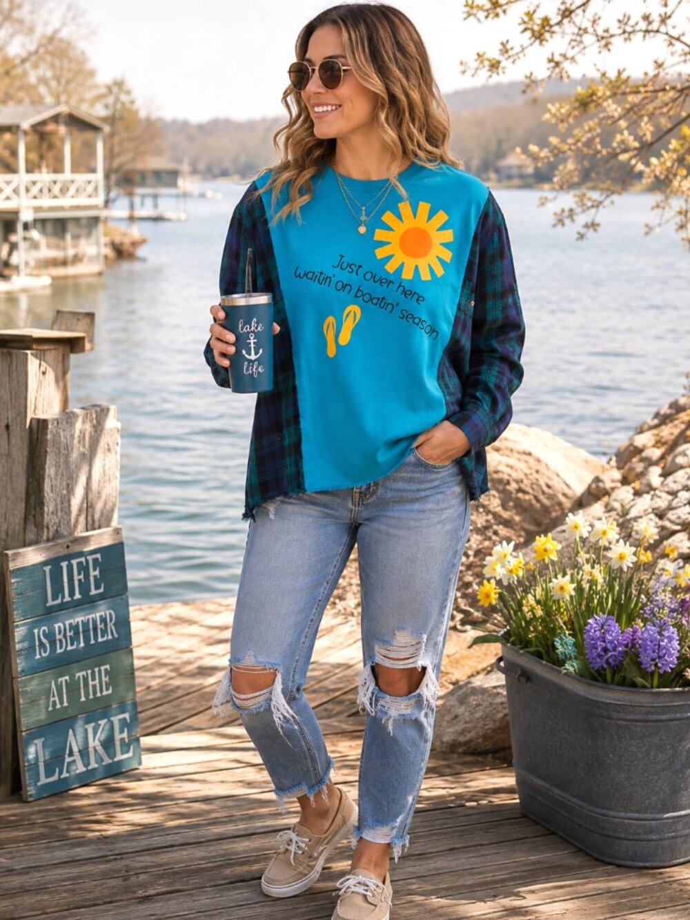 Upcycled Cropped Flannel Tee Oversized Teal Boating Season Graphic Size M-L